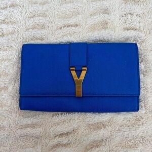 Yves Saint Laurent YSL Electric Blue Leather Y LIGNE Clutch with COA
